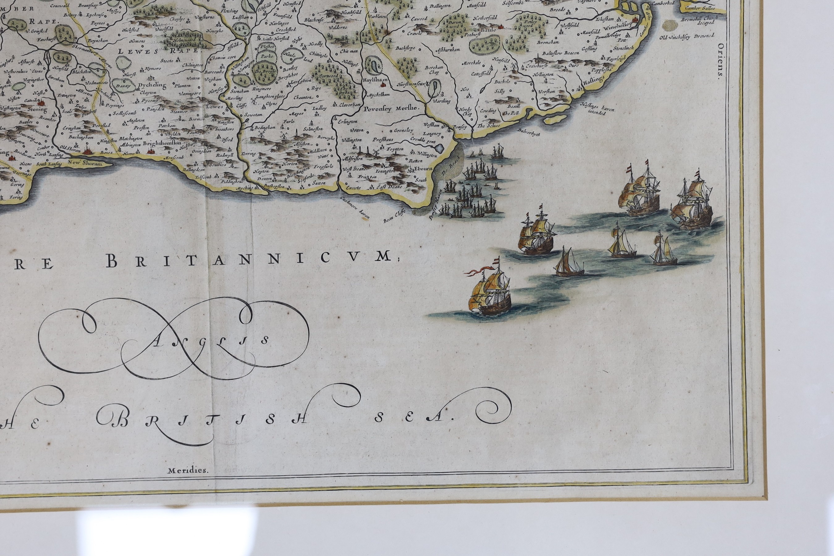 Jan Jansson, coloured engraving, Map of Suthsexia vernacule Sussex, Spanish text verso, 39 x 53cm